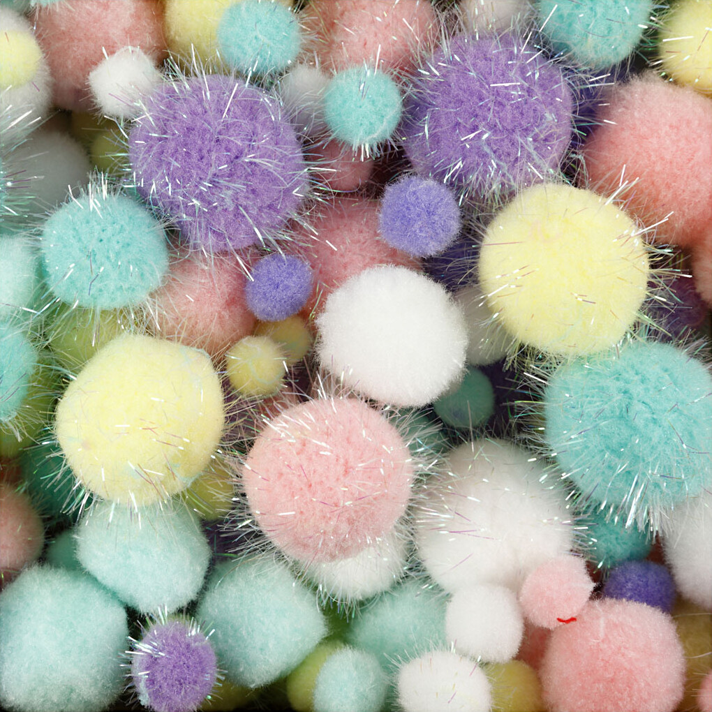 Pomponer - Ø 15-40 MM - Glitter - Pastelfarver - 400 G