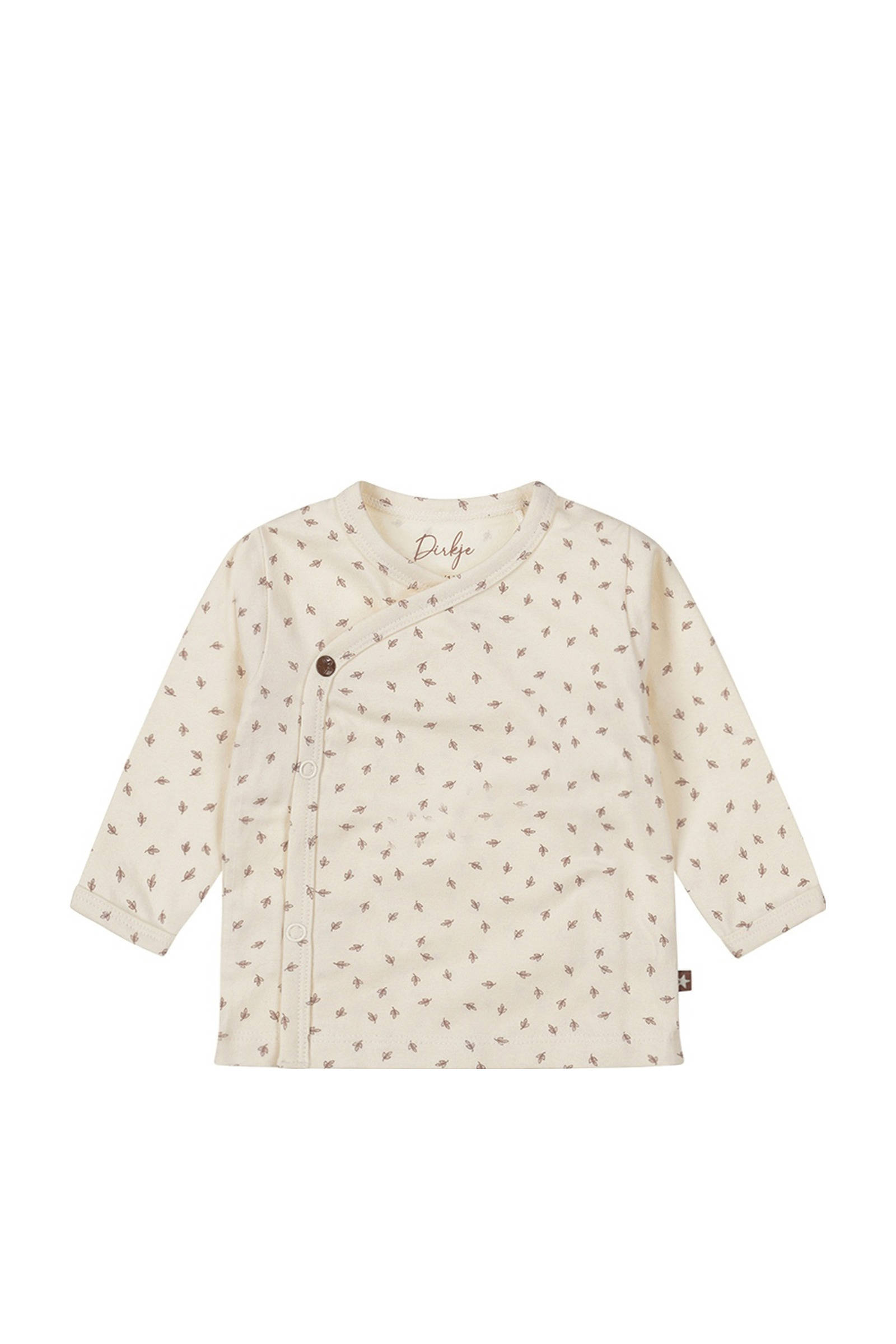 Dirkje baby longsleeve met all over print en overslag detail ecru/bruin