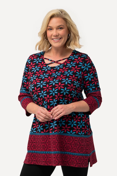Longshirt, Bordürendruck, A-Linie, Rundhals, 3/4-Arm