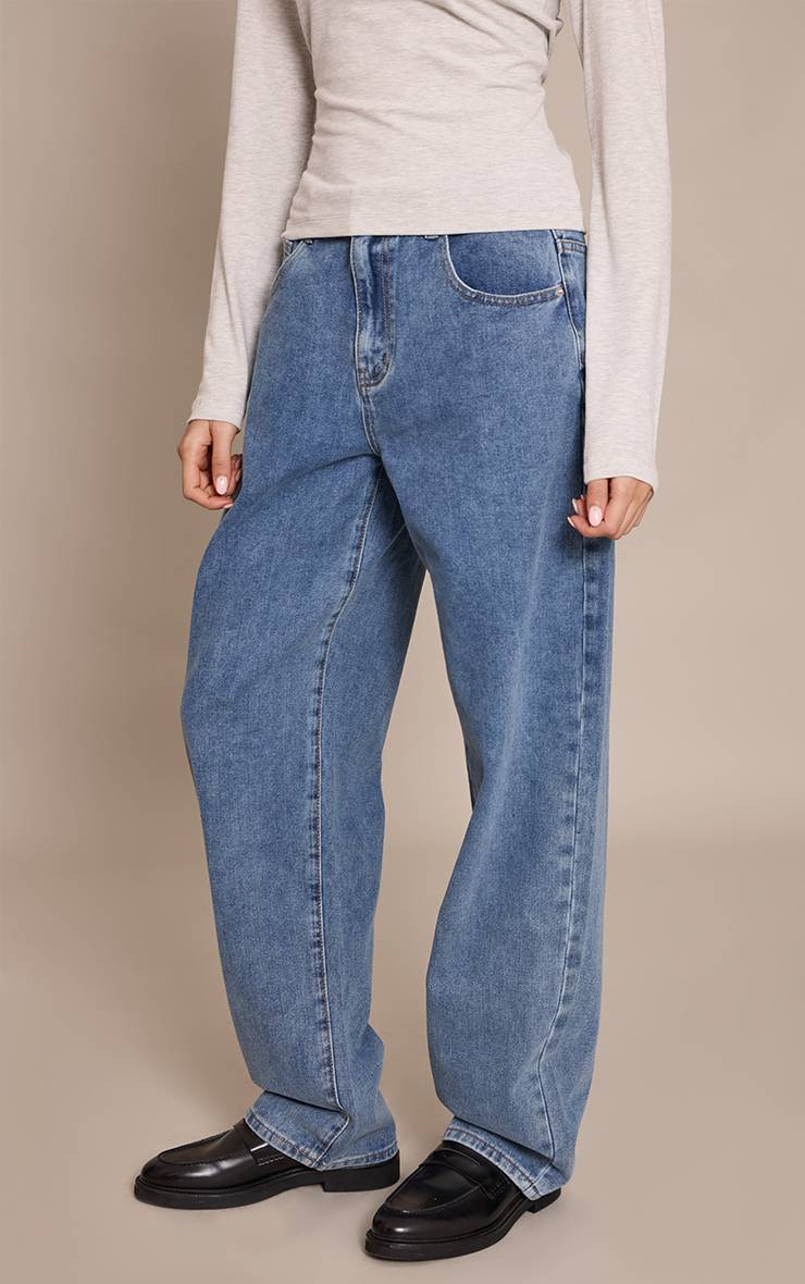 Délavage Vintage Jean Boyfriend Style Dos Plongeant Délavage Bleu Moyen