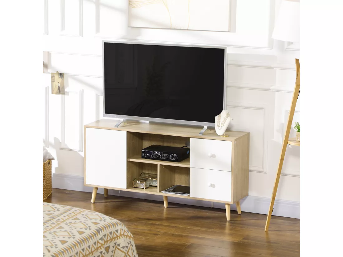 Meuble TV scandinave porte 3 niches 2 tiroirs piètement bois de pin aspect chêne clair blanc