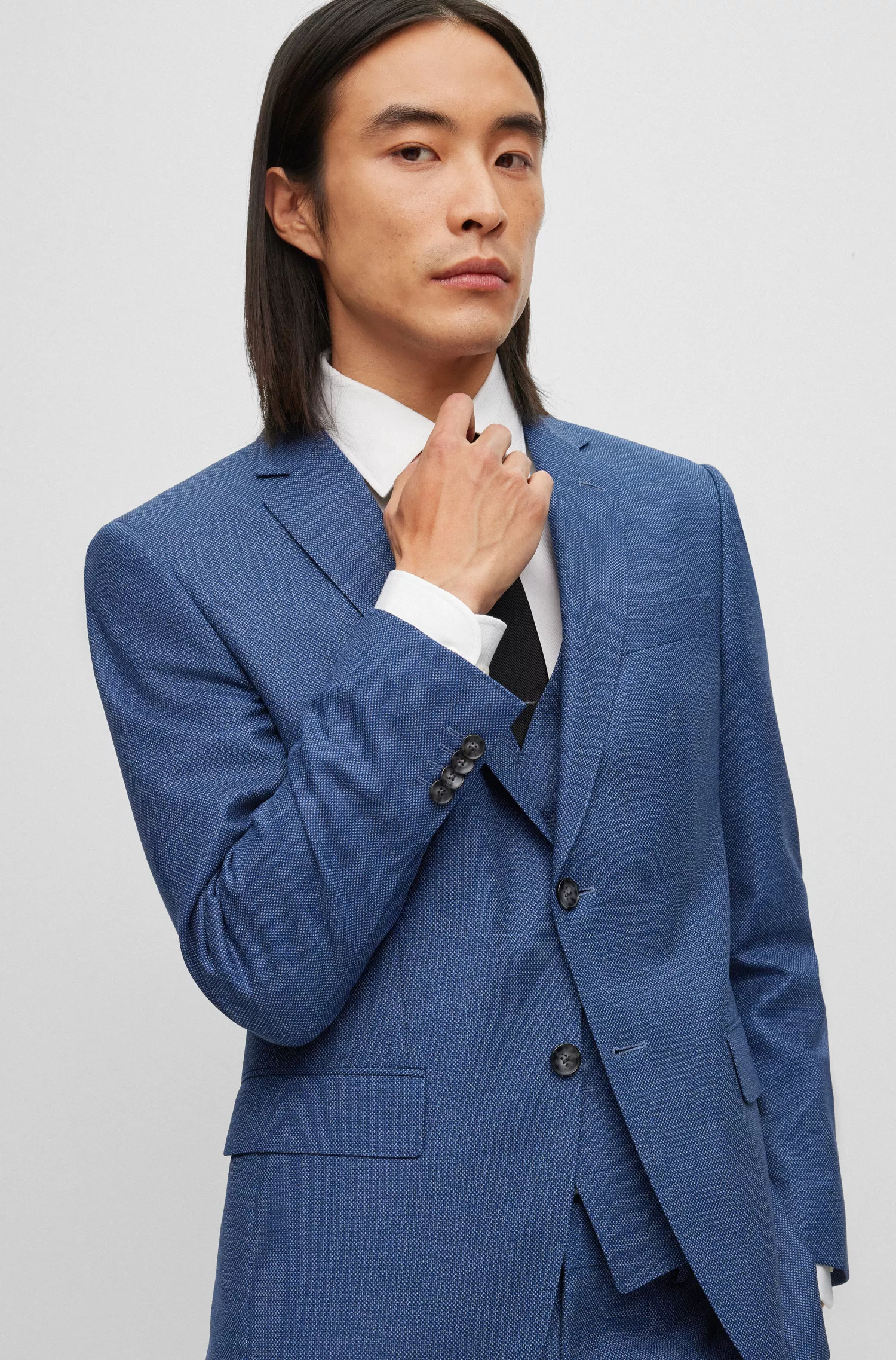 Terno slim fit de três peças BOSS preto em mistura de lã.