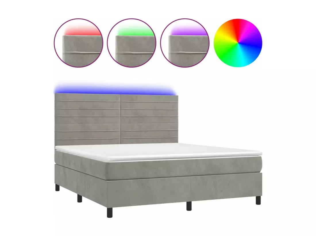 Sommier tapissier matelas et LED Gris clair 180x200 cm Velours