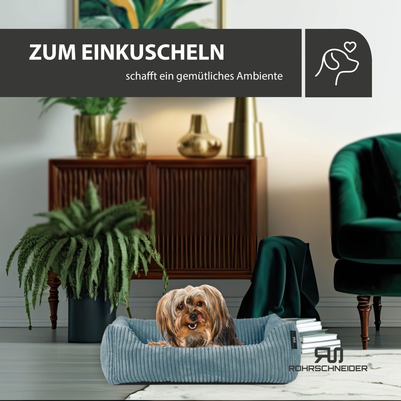 Rohrschneider ® Hundebett waschbar für kleine Hunde mit Hundekissen Cord (ca. 55x42 cm) inkl. Gassibeutel