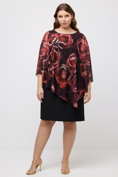 Kleid, doppellagig, Blüten, Rundhals, 3/4-Arm
