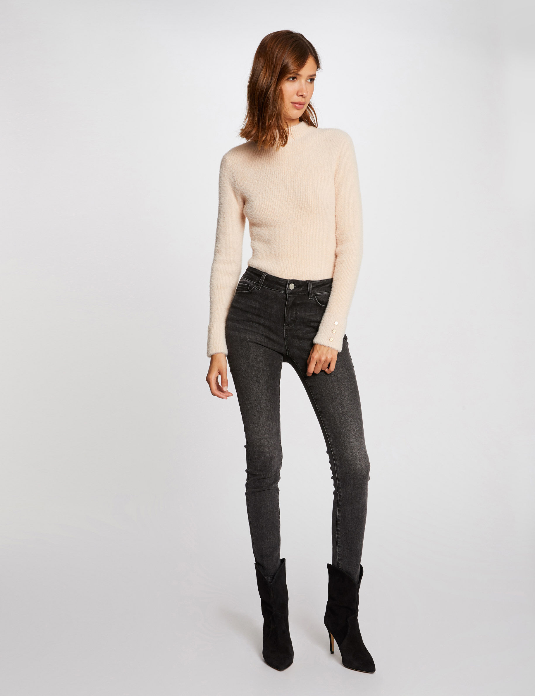 Pull manches longues maille duveteuse beige femme - beige