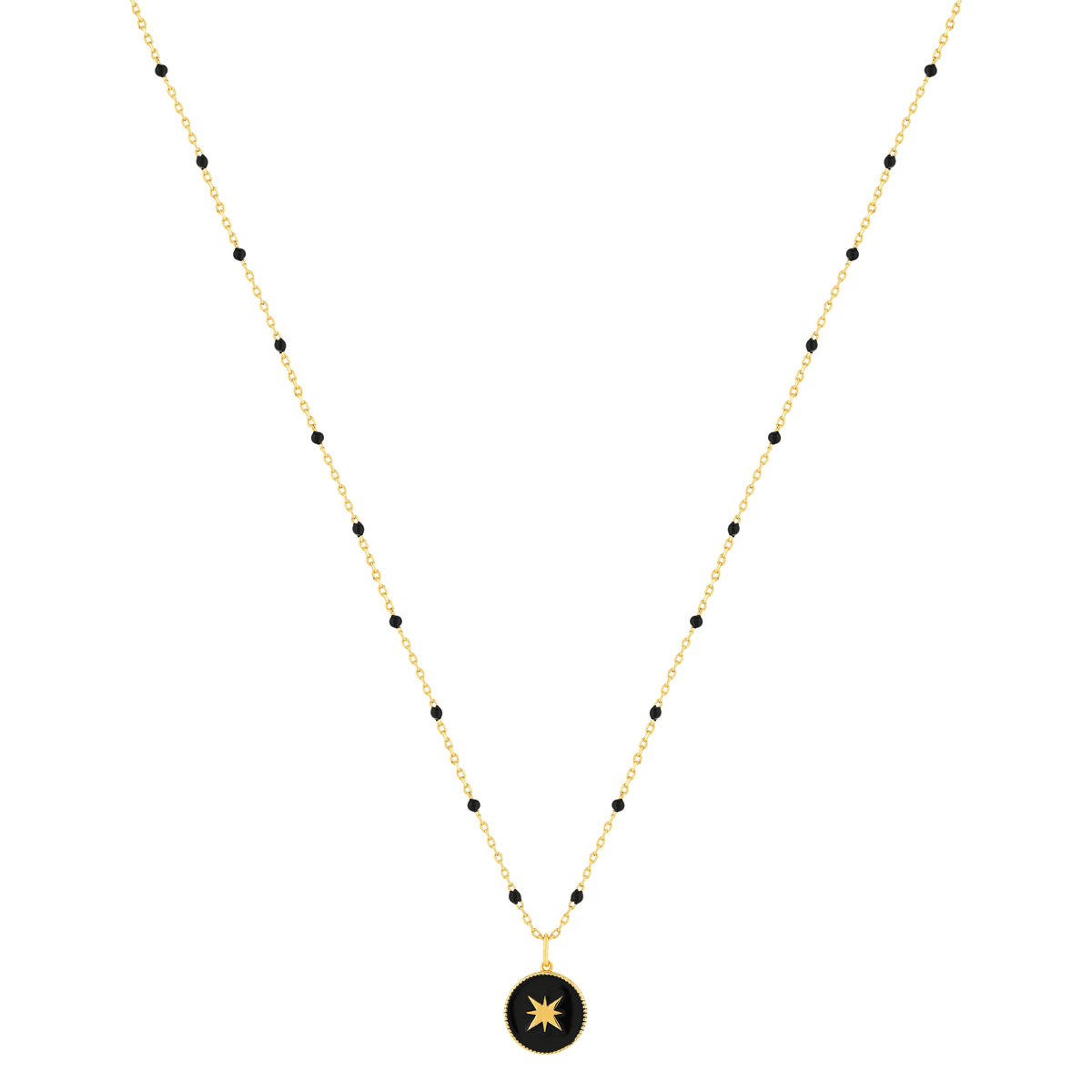 Collier plaqué or et résine noire 45 cm médaille motif étoile