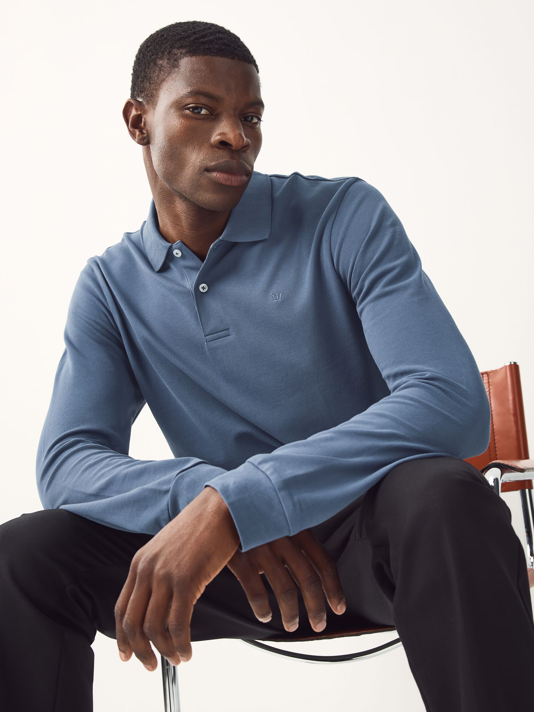 Blauw - Normale Pasvorm - Piqué polo met lange mouwen