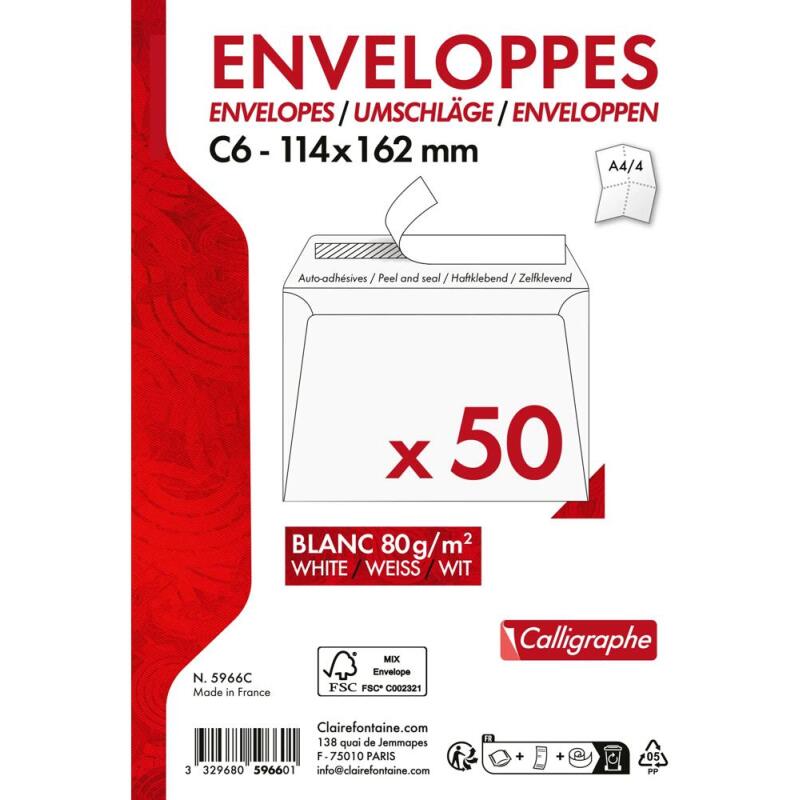 Enveloppe Clairefontaine 80 g/m2 sans fenêtre blanche avec bande de protection - Paquet de 50