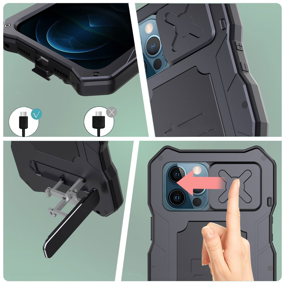 iPhone 12 / iPhone 12 Pro Hybrid Outdoor Hardcase Hülle mit Cam-Slider   Kickstand (Spritzwassergeschützt IP54) - Schwarz (Matt)