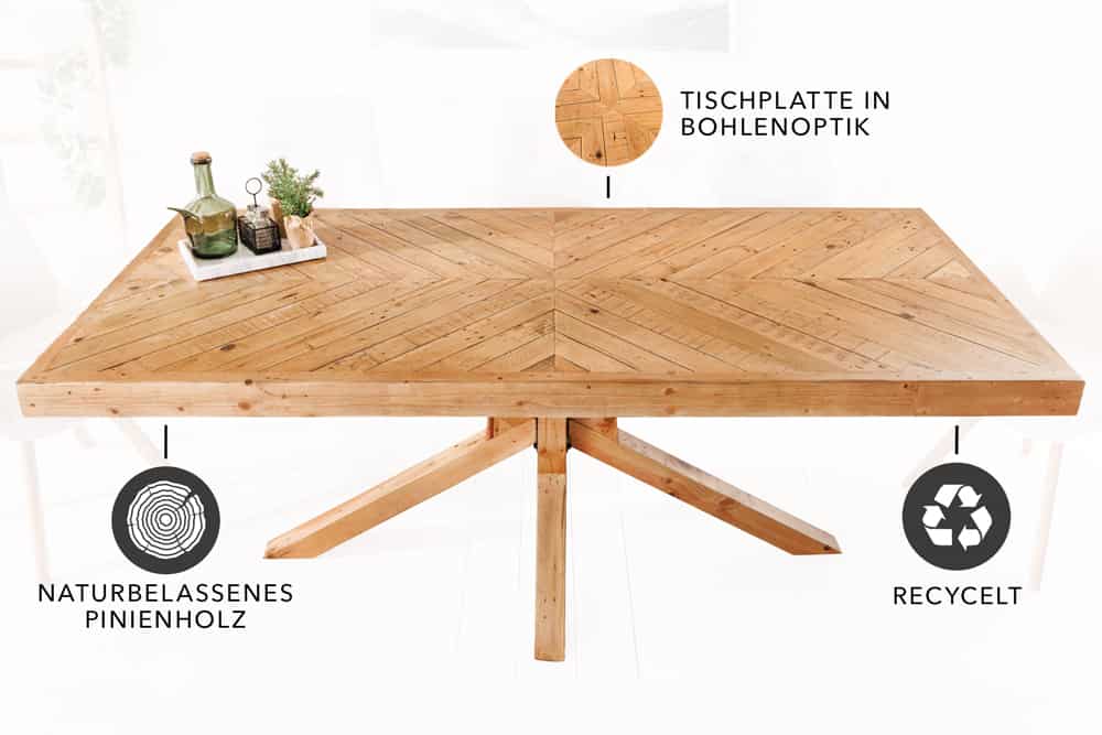 Massivholz Esstisch MOSAIK 200cm natur Pinienholz recycelt Sterngestell