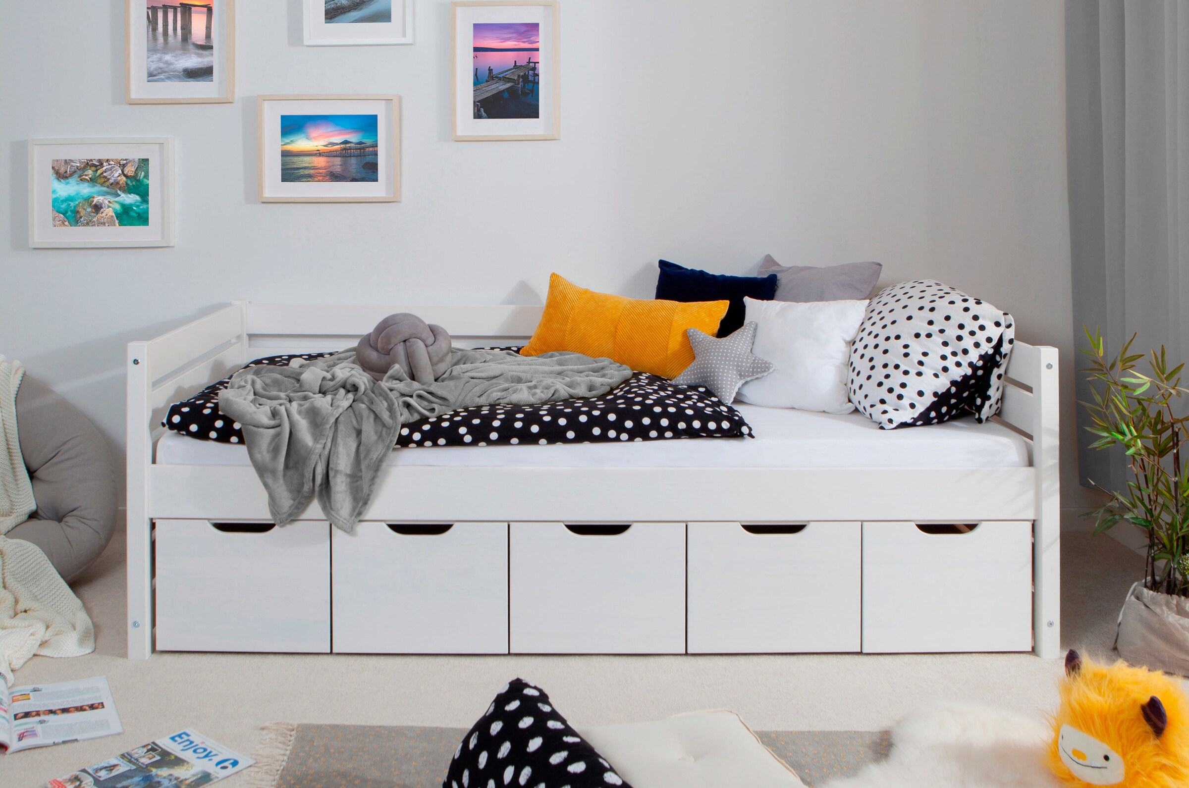 Ticaa Sofabett Naomi inkl. 5x Schubkästen, 90x200 Weiß