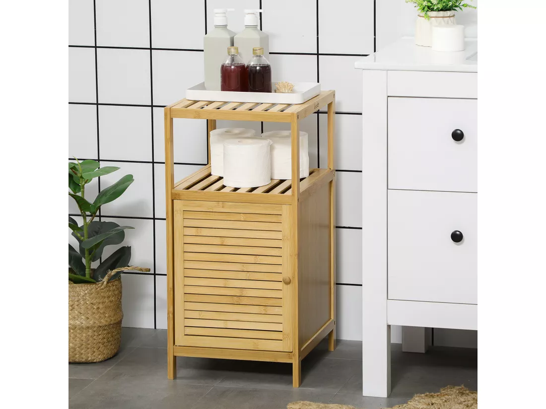 Meuble bas salle de bain rangement salle de bain 1 porte 2 étagères bois bambou verni