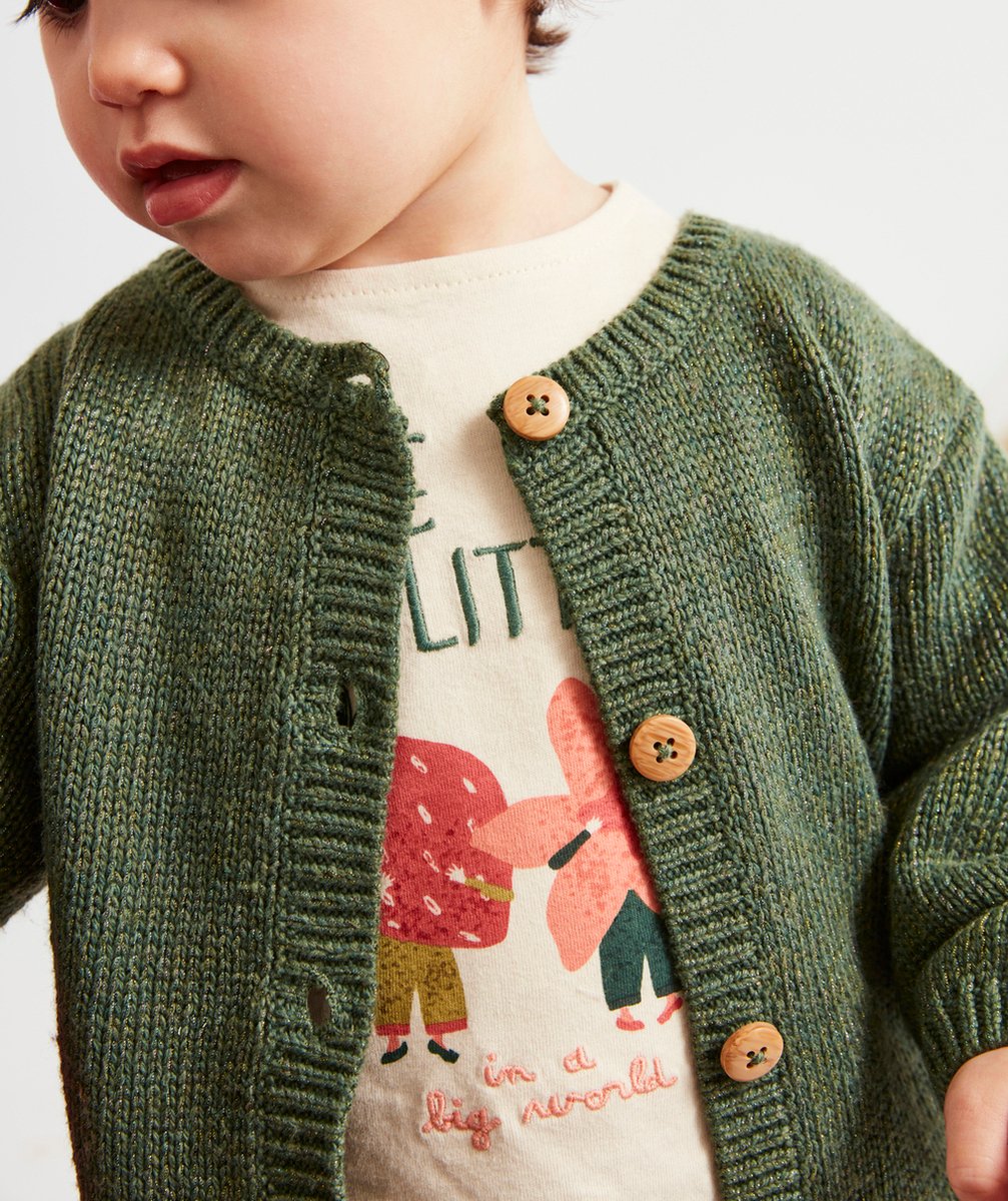 GILET BOUTONNÉ VERT BRILLANT BÉBÉ FILLE EN FIBRES RECYCLÉES