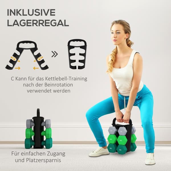 Sett med 6 manualer 2 x 3 kg, 2 x 4 kg, 2 x 5 kg, manualsett med stativ, hexagon manualsett, for styrketrening, fitness hjemmetrening, grå+grønn+turki