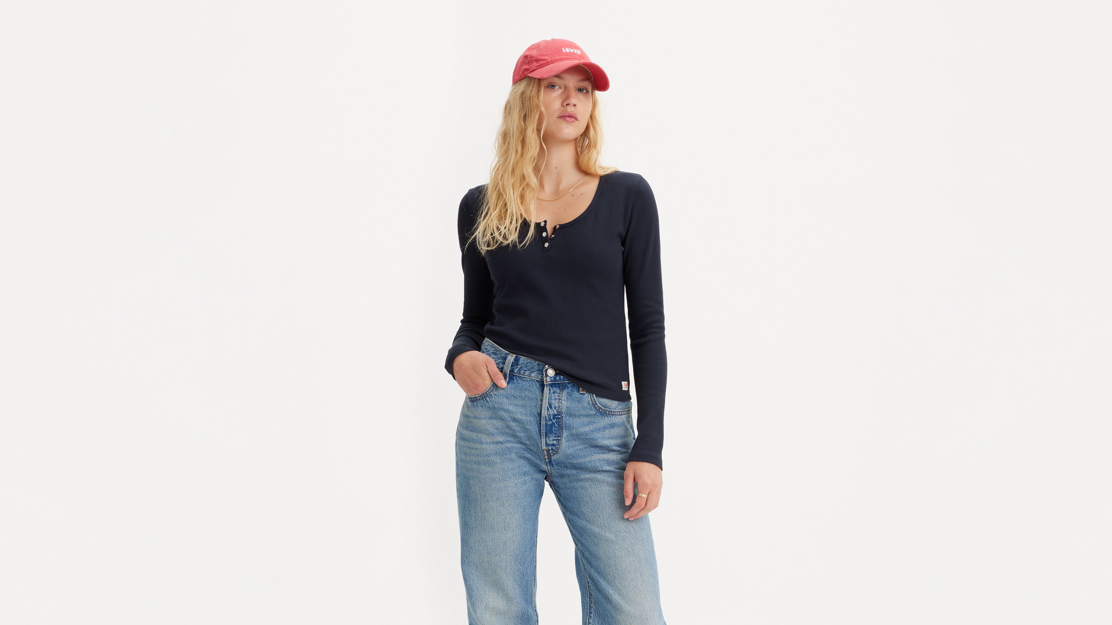 Dry Goods t-shirt col tunisien manches longues maille gaufrée - Night Sky - Bleu