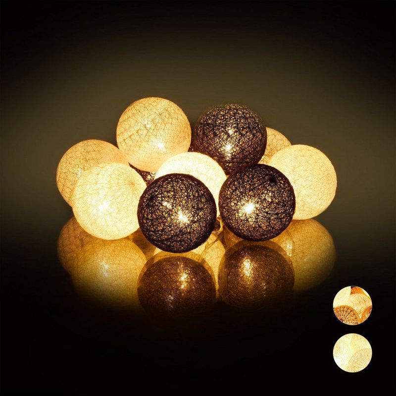 Relaxdays led lichtsnoer met 10 ballen - katoen - op batterijen - sfeerverlichting - Ø 6 cm - buiten - wit-grijs-zwart