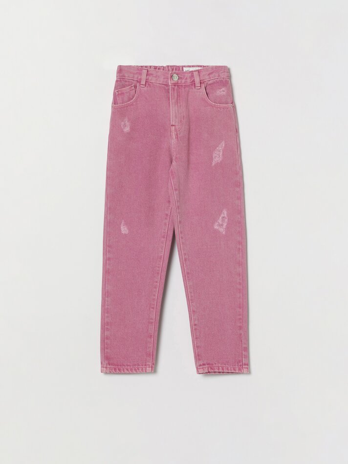 Calça jeans mom rasgada - Rosa Lilás