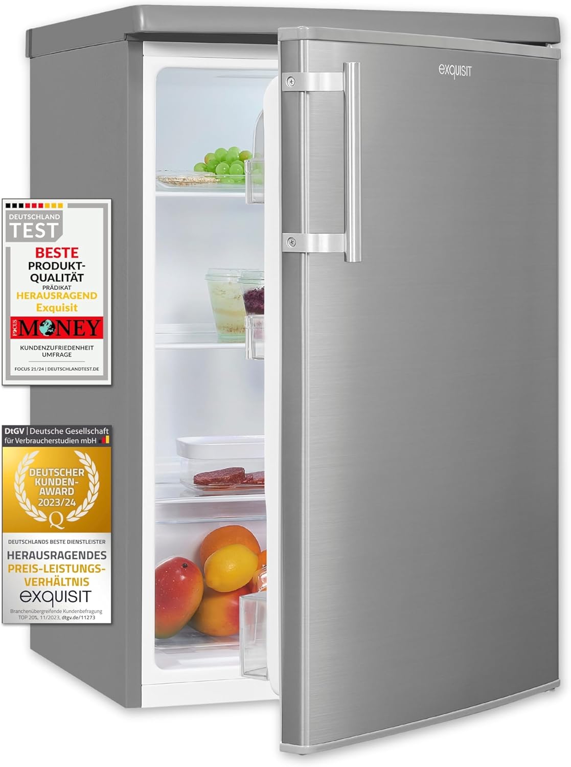 Exquisit Kühlschrank KS16-V-H-040E inoxlook | Standgerät | 127 l Volumen | Inoxlook | Glasablagen und Gemüsefach | Beleuchtung | Türablagen | Türanschlag wechselbar