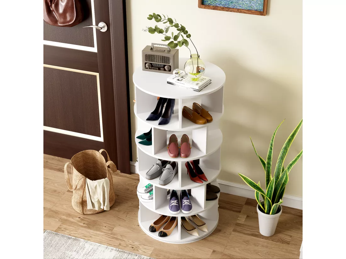 Meuble à chaussures d'angle rotatif avec 5 étagères - D 60 x H 115 cm - Panneau de particules - Blanc