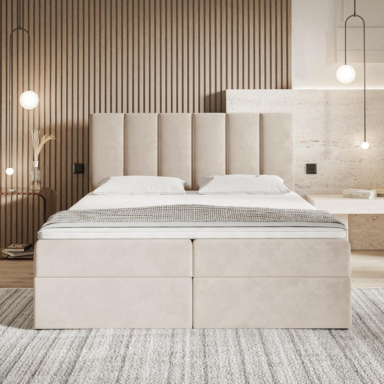 Santiago Boxspringbett 160x200 Beige Samt, mit Bonellfederkern-Matratze (H4), mit T28 Komfortschaumstoff Topper (H3), Boxspringbett 160x200 mit Bettkasten Beige (Creme)