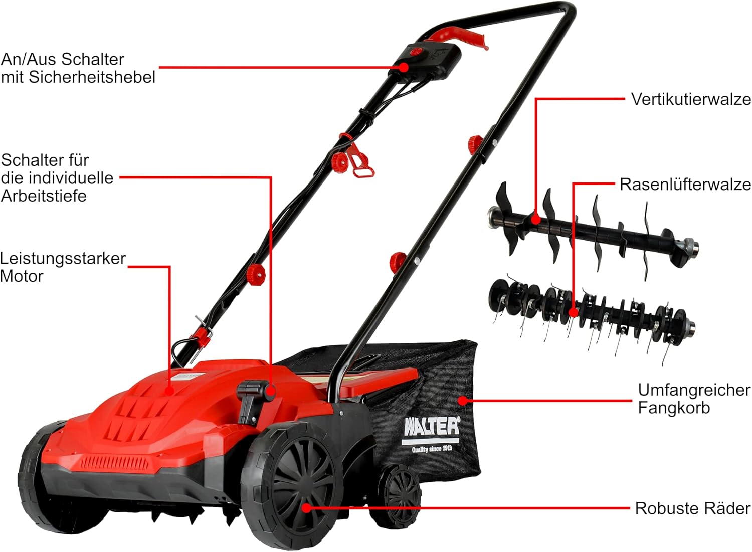 WALTER 2 in 1 Elektro Vertikutierer und Rasenlüfter 1500 W, Arbeitsbreite 320 mm, 4- stufige Höhenverstellung, großer Fangkorb, ideal für Flächen bis zu 400 m², inkl. Beutel mit Montagematerial