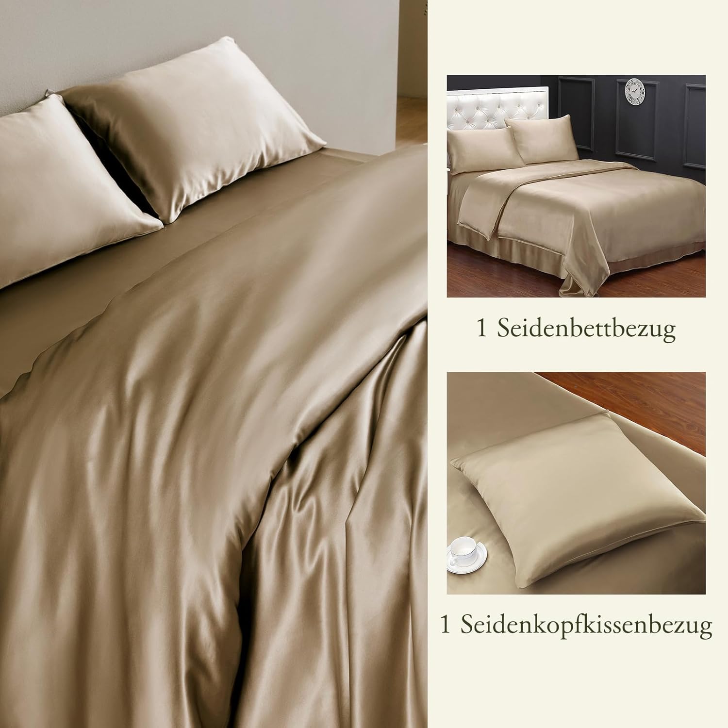 LilySilk 100% Maulbeere Seide Bettwäsche-Set 2 teilig Bettbezug 135x200cm Kissenbezug 80x80cm Unifarben 19 Momme Hypoallergen Super weich und atmungsaktiv,Taupe