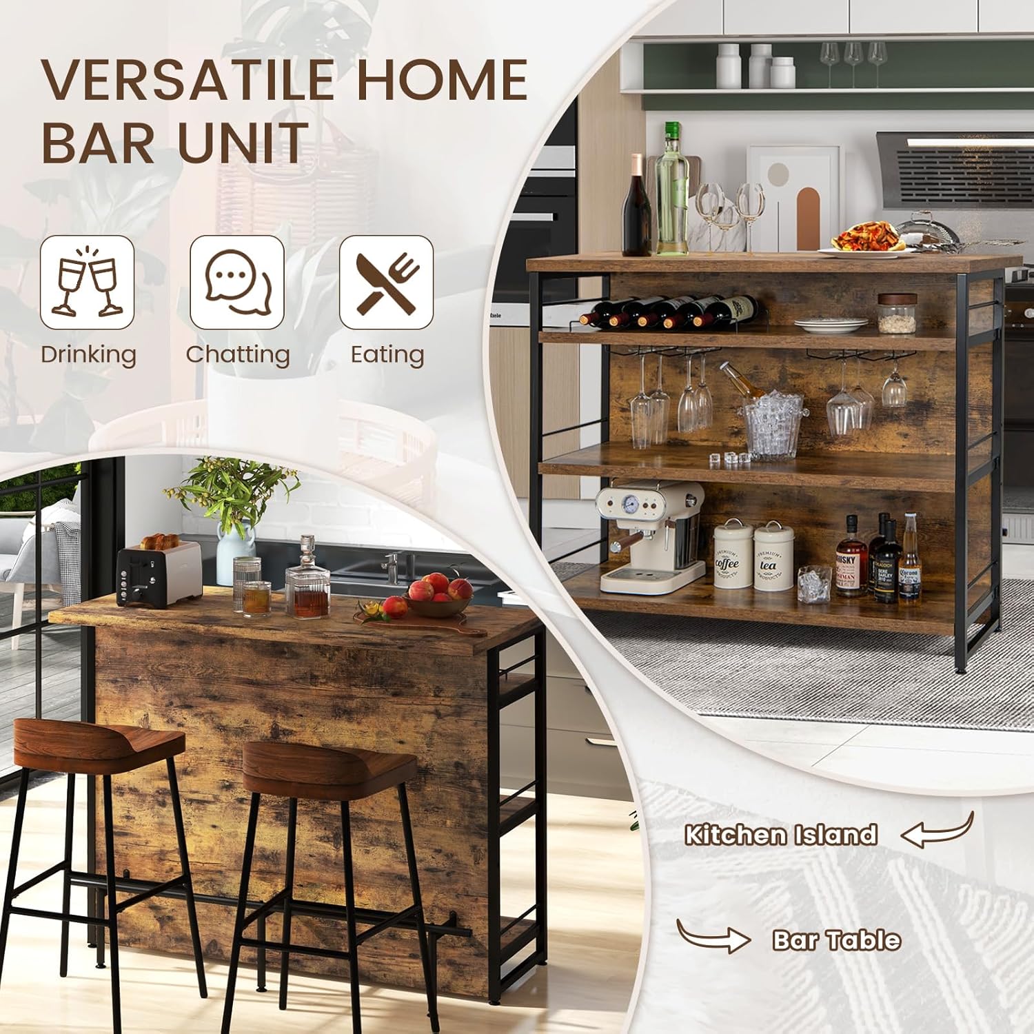 GIANTEX Hausbar Theke Bar, Barschrank mit 4 offenen Ablagen, Bartisch Küchen Tresentisch mit Weinregal & Gläserhalter, Küchenregal Küchentheke 120 x 60 x 101 cm, Küchenbar Küchentresen