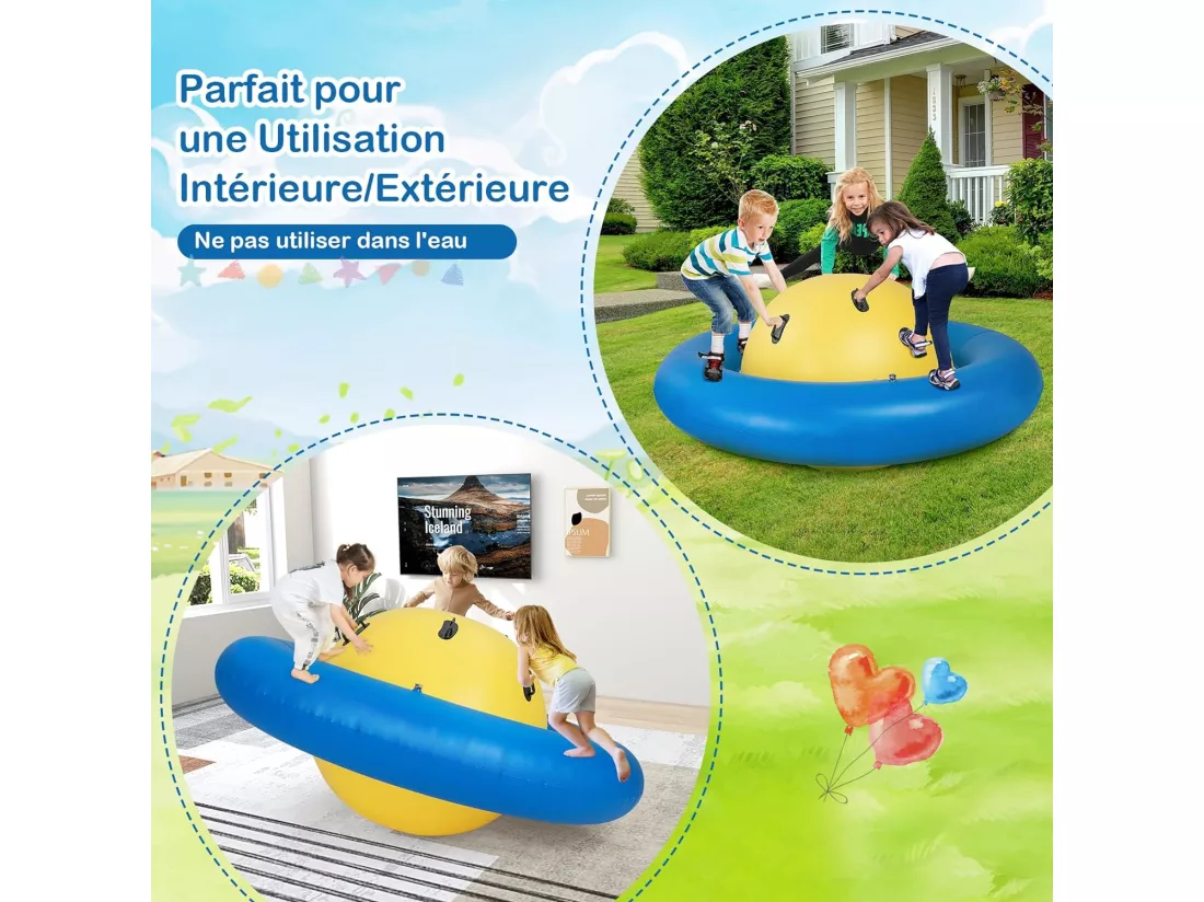 Balle Gonflable Enfants Ø233cm avec 6 Poignées, Château Gonfable en PVC avec Surface Élastique, Balle Rebondissante Intérieur Extérieur pour 3 Enfants de 5 Ans+, Charge 113kg (Jaune+Bleu)