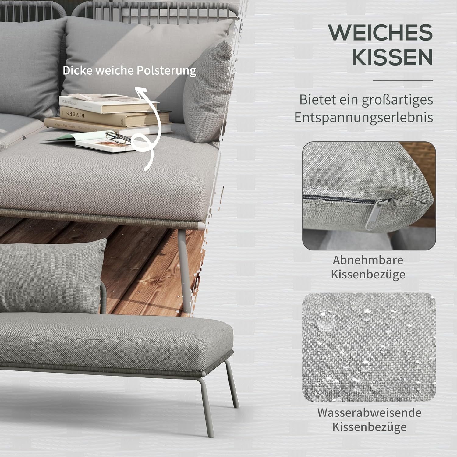 Outsunny 3 TLG. Rattan Gartenmöbel-Set, Sitzgruppe mit Kissen, Gartengarnitur mit 1 Beistelltisch, 1 Liegestuhl, 1 Doppelsofa, Sitzgarnitur für Garten, Terrasse, Stahl, Hellgrau