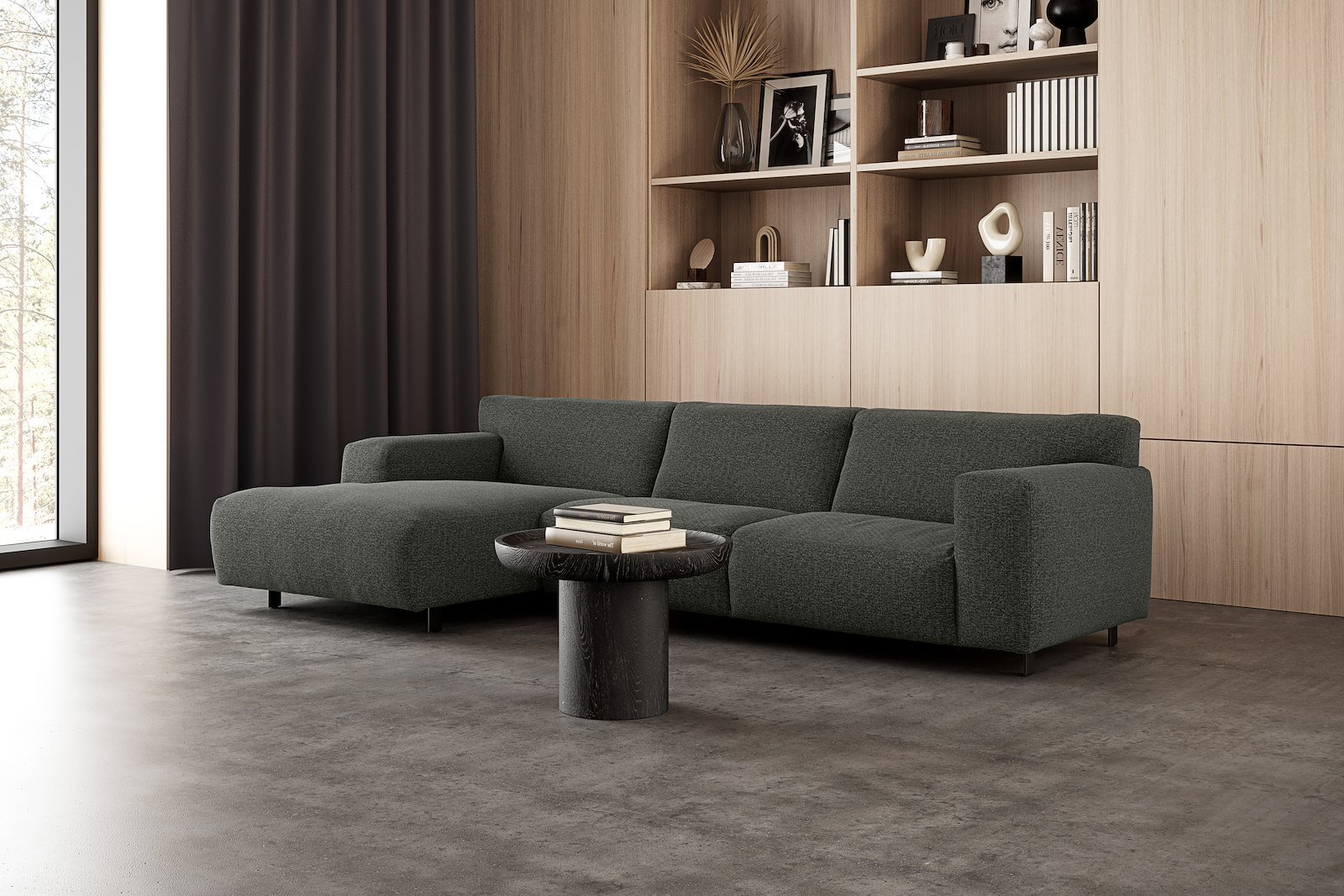 Vesta 2,5-seter med sjeselong venstre I Tekstil Cortina Grey, standardsøm, sort metallben 10 cm, Comfort CM