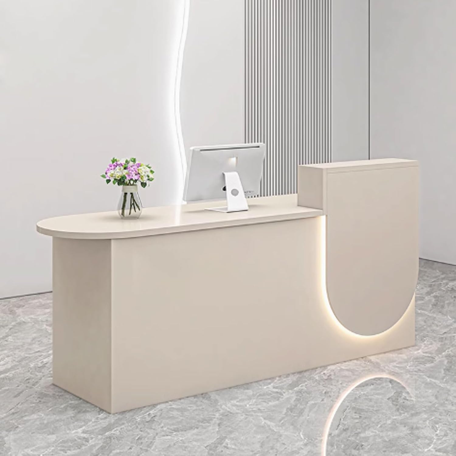 Empfangstheke Tresen Rezeption, Reception Desk Salon, Empfangstresen für Praxis, Bürotheke Reception Tisch mit Sanfter Beleuchtung für Kleine Unternehmen(Beige,1m)