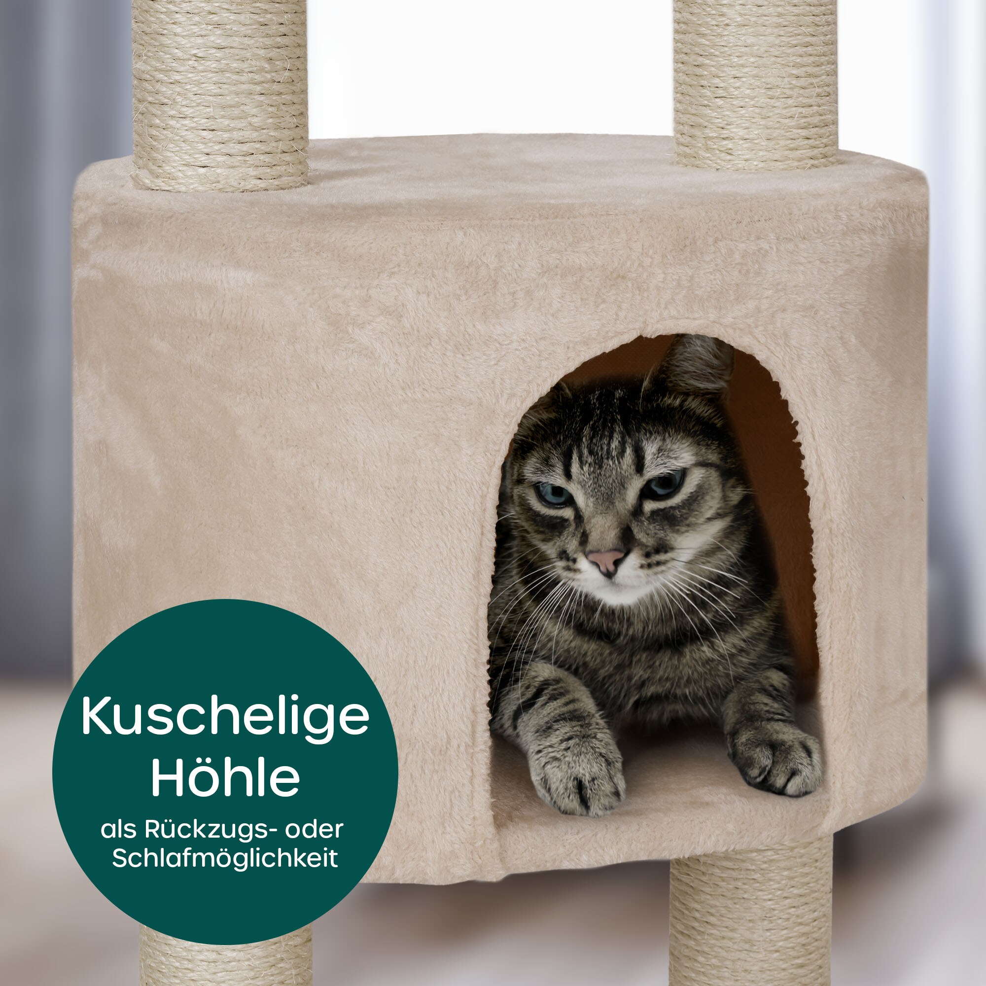 HAPPYPET Kratzbaum deckenhoch bis 260 cm Kletterbaum SIMBA - Extra breit, Häuser, Treppen, Liegemulden, großer XXL Katzenbaum Stabil für Katzen, 9 cm Säulen | Beige