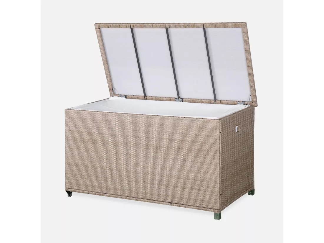 Coffre de jardin en résine tressée naturelle - Cassapanca - 790L. vérins. roulettes. poignée et housse intérieure beige. rangement coussins 162x82cm