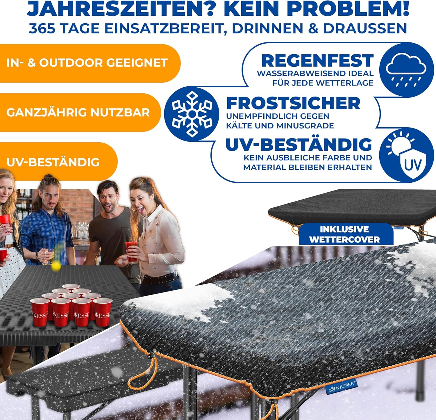 KESSER® Bierzeltgarnitur 3-teilig Set Tisch & 2x Bank | Buffettisch für drinnen & draußen Gartengarnitur klappbar 183x76x74cm Kunststoff Klapptisch Rattan-Look Gartentisch Inkl Abdeckung & Tragegriffe