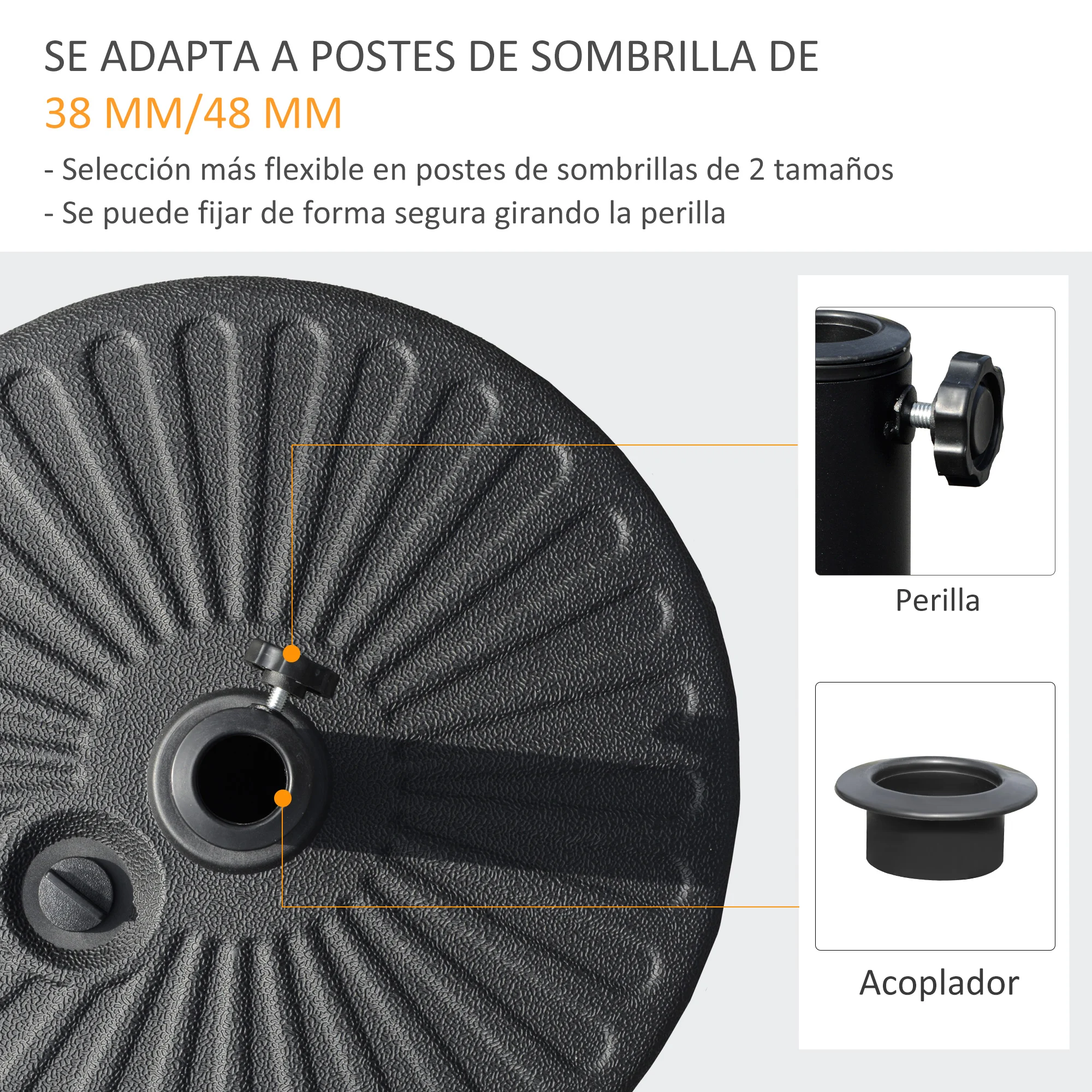 Base para guarda-sol de jardim Outsunny, preenchível com água, 22 kg, redonda, adequada para mastros de 38 mm/48 mm, portátil para terraço e pátio, Ø51 x 30,5 cm, preta.