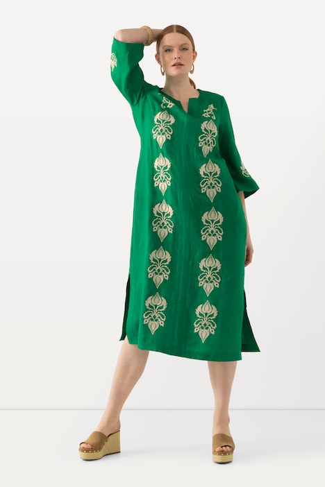 Leinen-Maxikleid, Stickerei, Tunika-Ausschnitt, 3/4-Arm