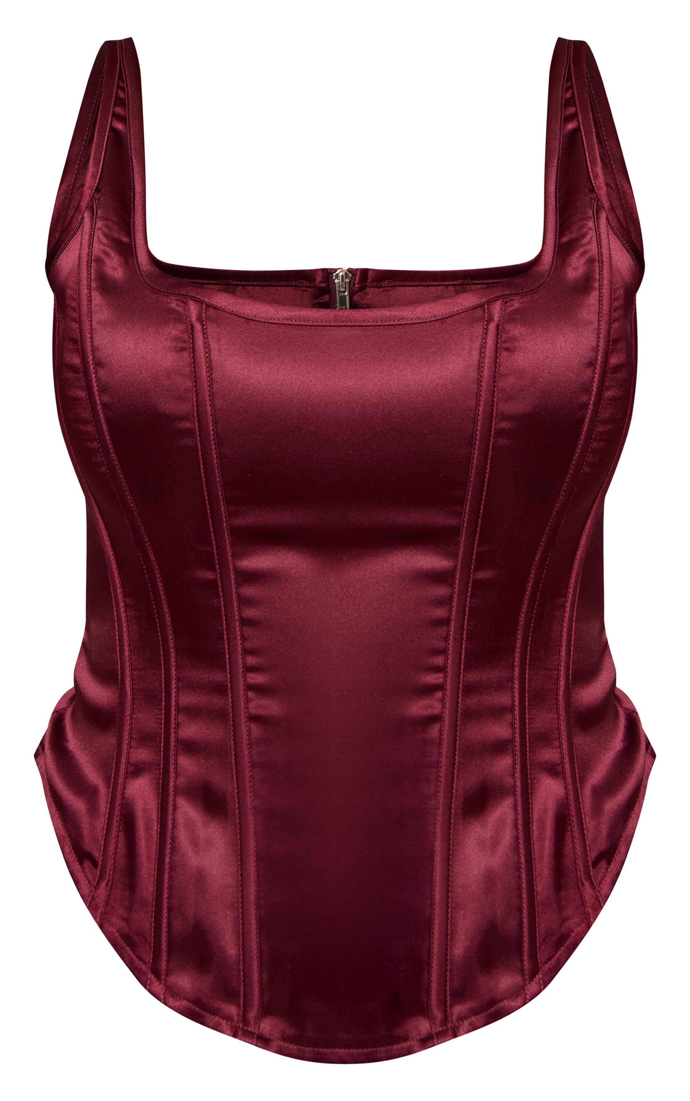 Rouge Bordeaux Top Corset Long À Encolure Carrée En Satin Shape