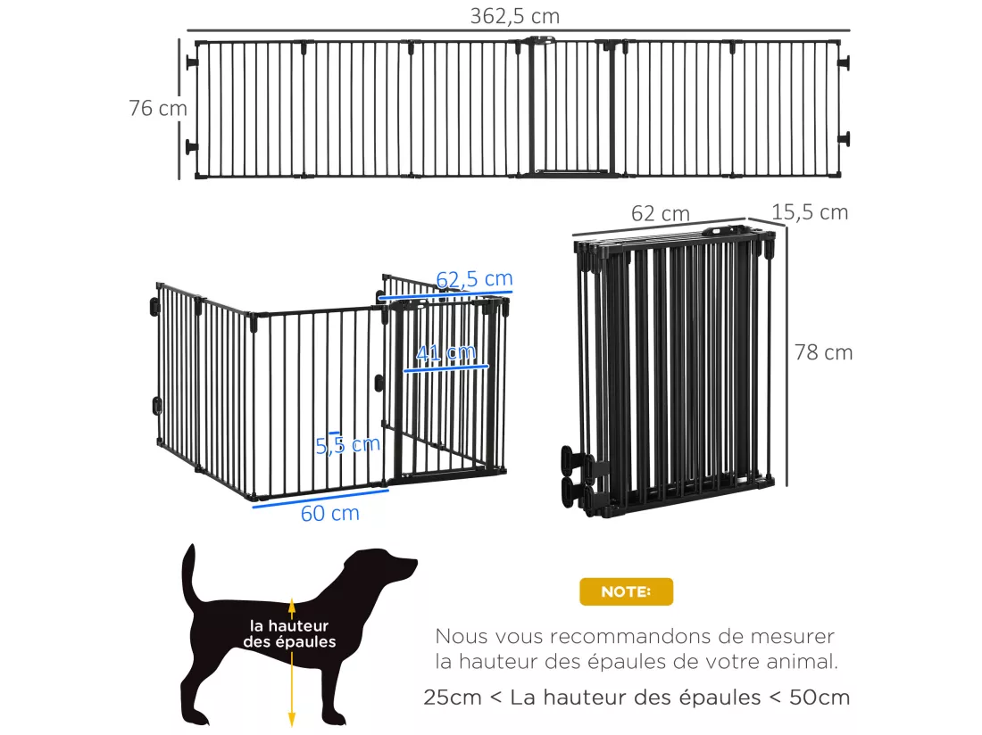 PawHut Barrière de sécurité - parc enclos chien modulable pliable - porte verrouillable - 6 panneaux acier et PP - dim. 362,5L max. x 76H cm noir