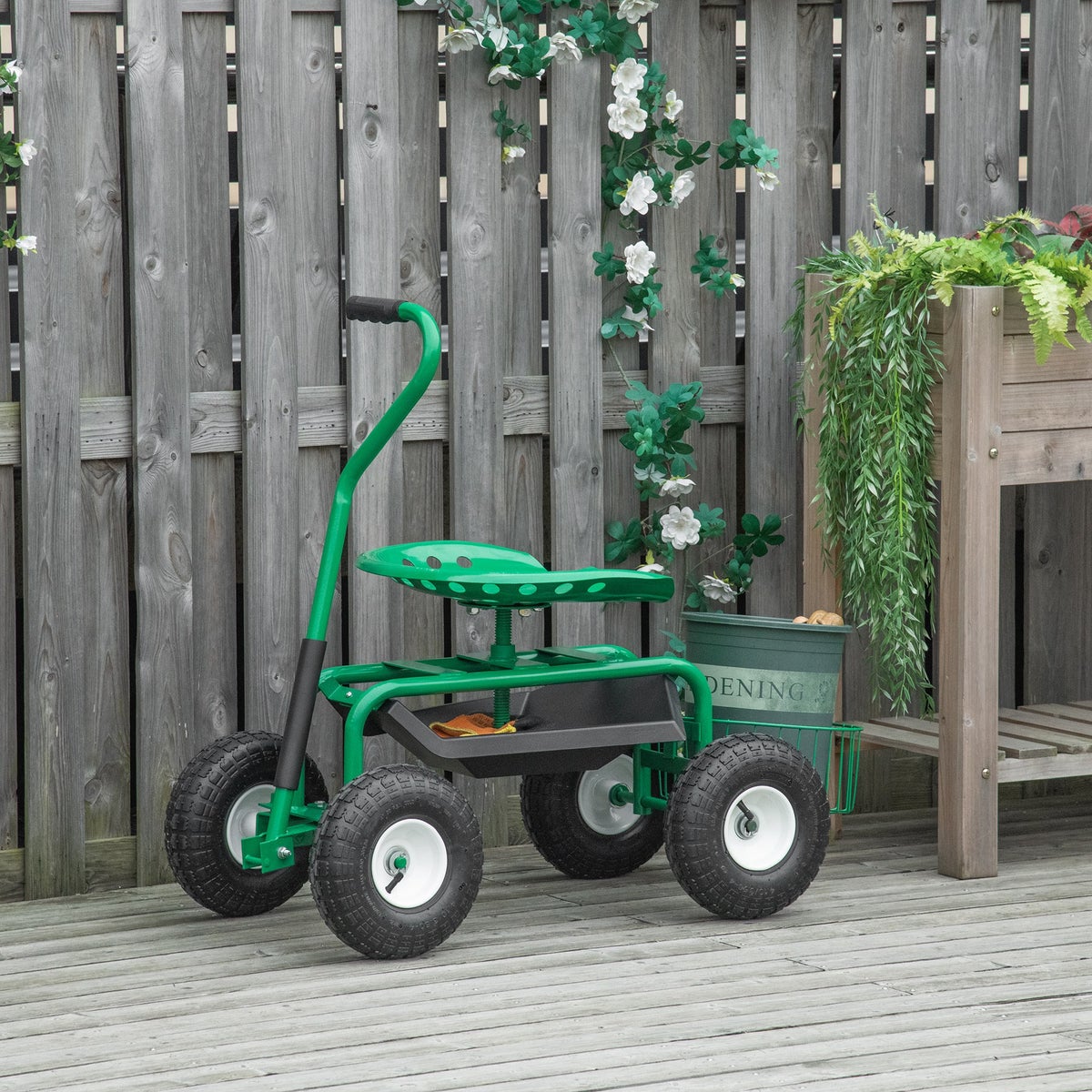 Outsunny tuintrolley met rolzitting, 98cm x 45cm x 87cm, metaal+rubber, groen