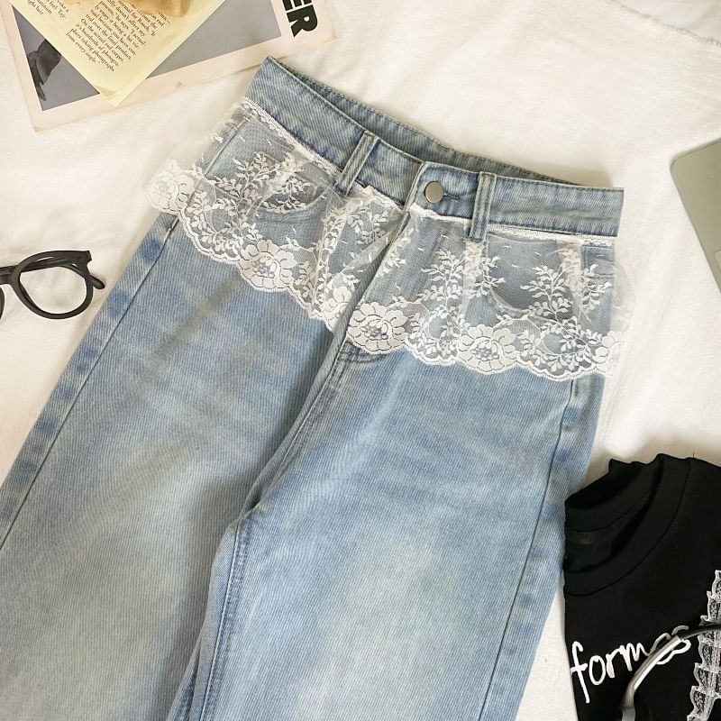 Iasia - Wijde jeans met wijde pijpen en gewassen kanten rand, middelhoge taille