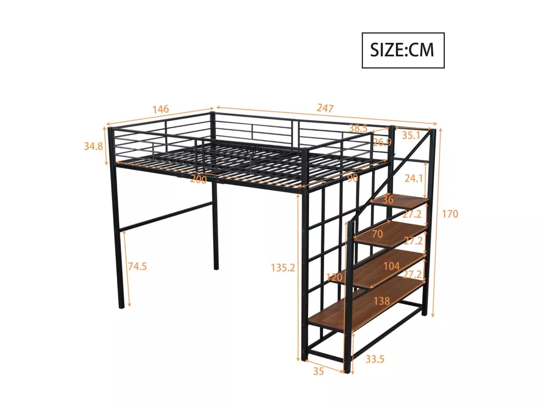 Lit mezzanine 140x200cm en métal - avec étagères et échelle de sécurité - Noir (matelas non inclus)