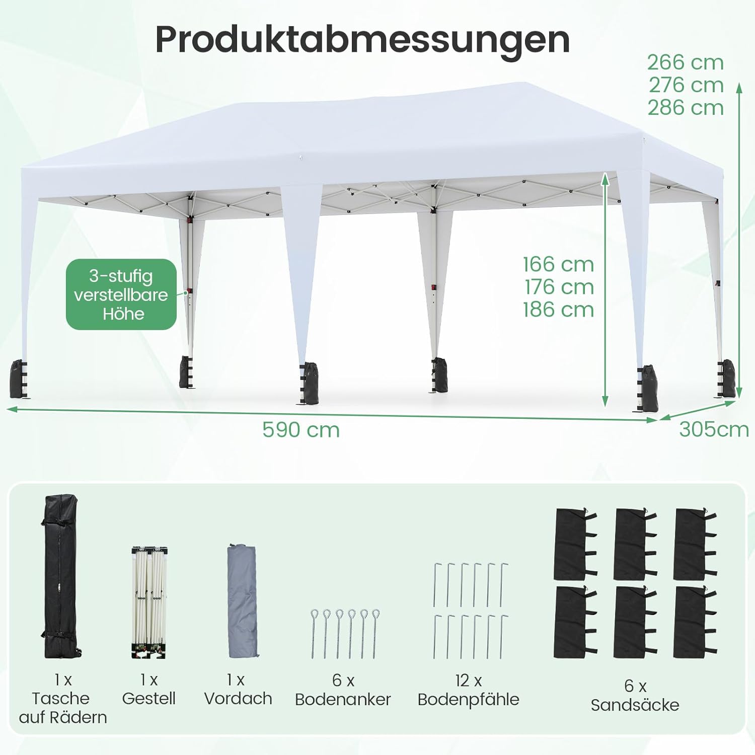 COSTWAY Pavillon 3 x 6 m, Pop up Faltpavillon Wasserdicht mit Tragetasche auf Rollen, UV Schutz 50+ Partyzelt inkl. 6 Sandsäcken, Gartenpavillon Höhenverstellbar für Camping, Party (Weiß)