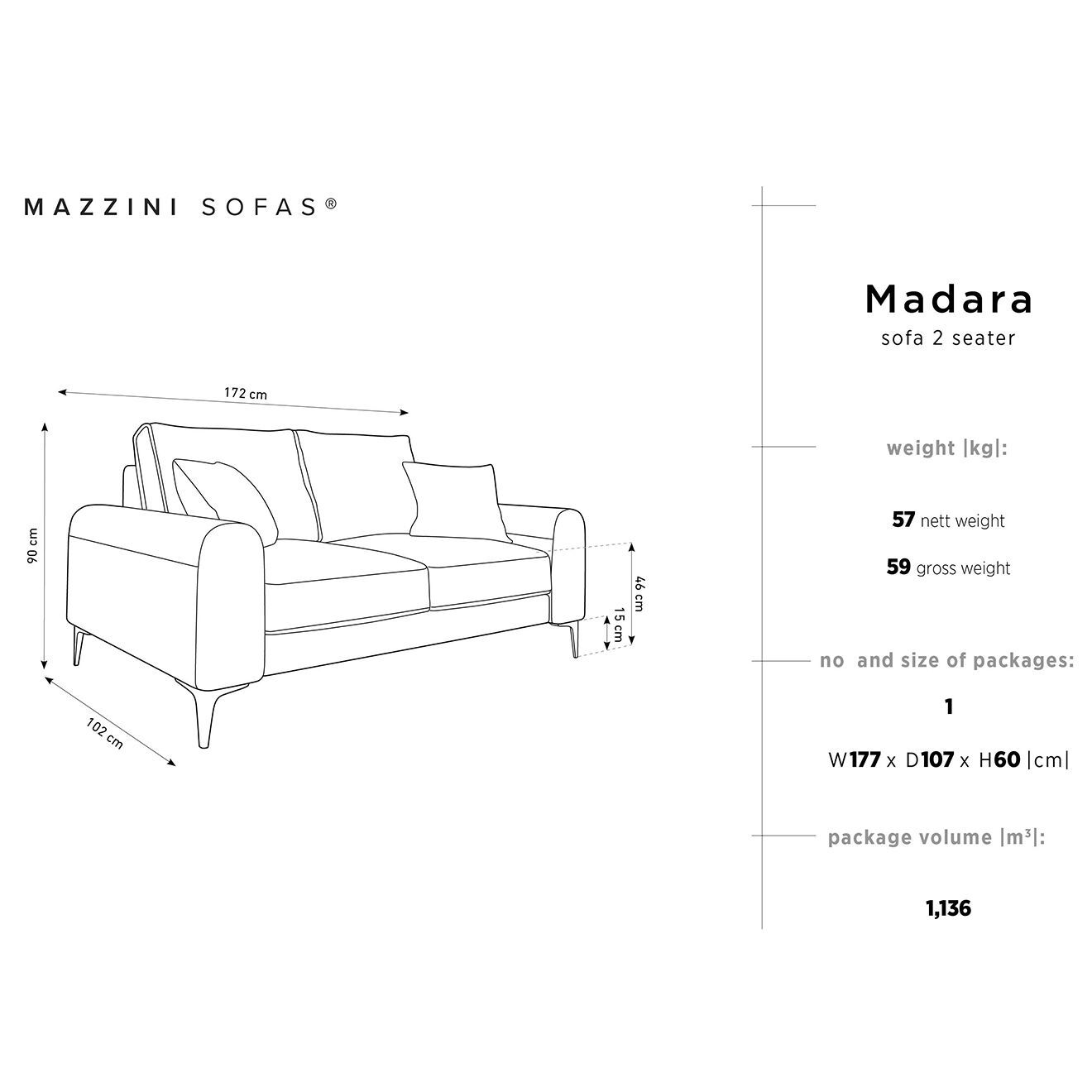 Mazzini Sofas Canapé 2 places velours madara noir - 172x102x90 cm