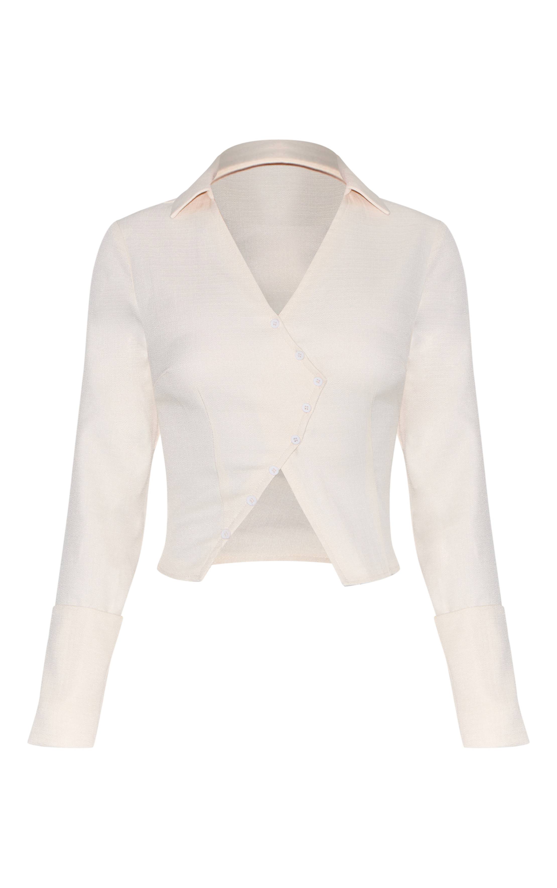 Crème Chemise Asymétrique Boutonnée Texturée Tissée Petite