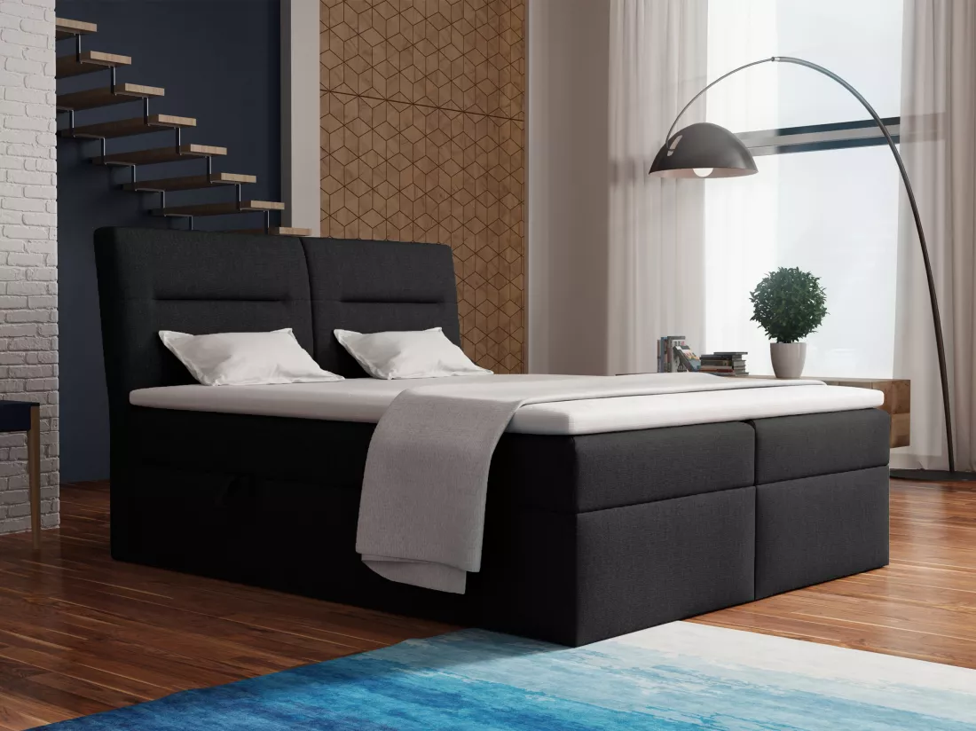 LE LIT BOXSPRING Moderno avec coffres de lit et surmatelas, en tissu Lux 23 (noir), 200x200 cm.