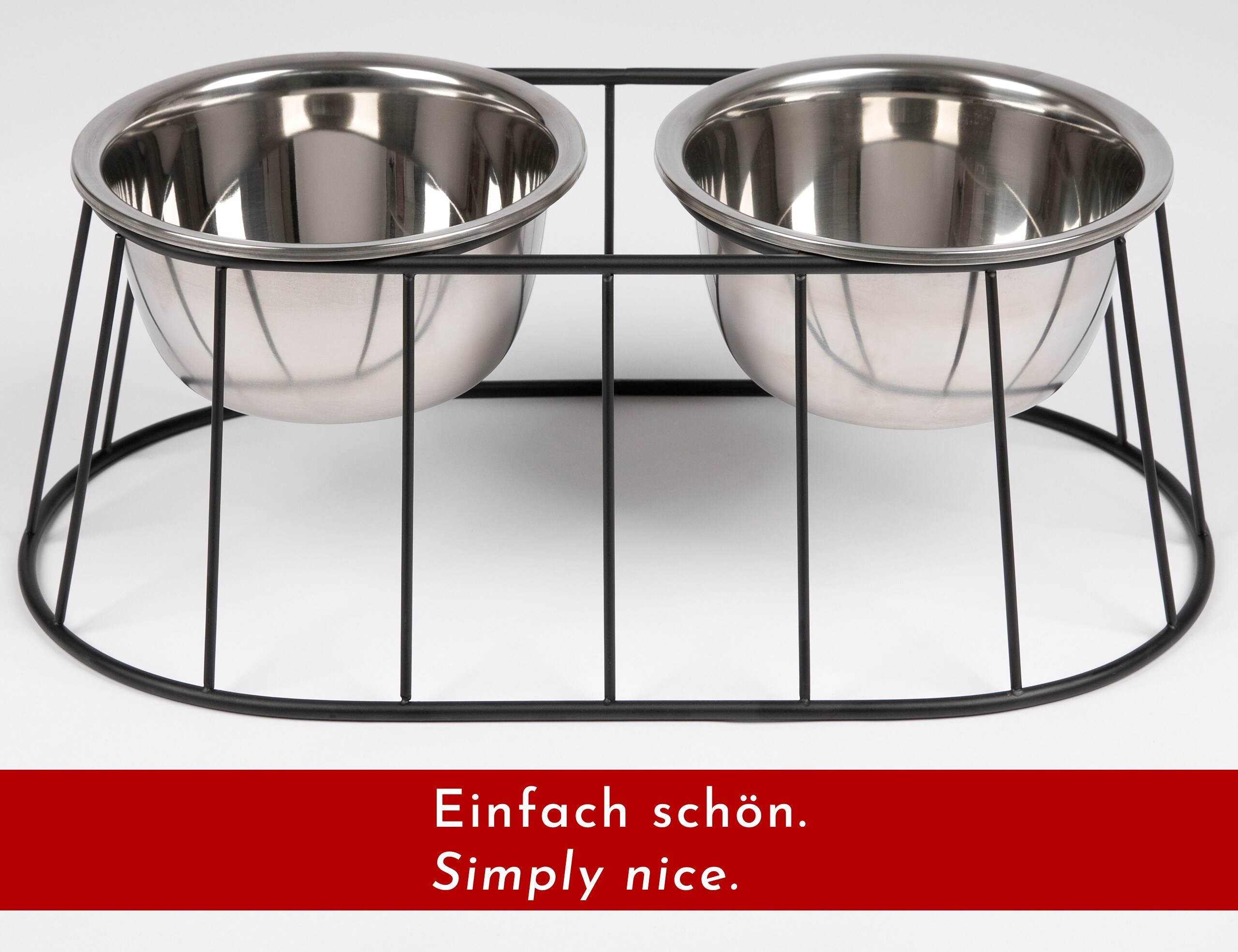 WONDERMAKE® Design Hundenapf erhöht für mittelgroße / große Hunde mit Ständer, Futternapf Hund Futterstation rutschfest aus Edelstahl, Fressnapf 2er Set 2 Näpfe doppelt, 47x26,5x17 cm, silber schwarz