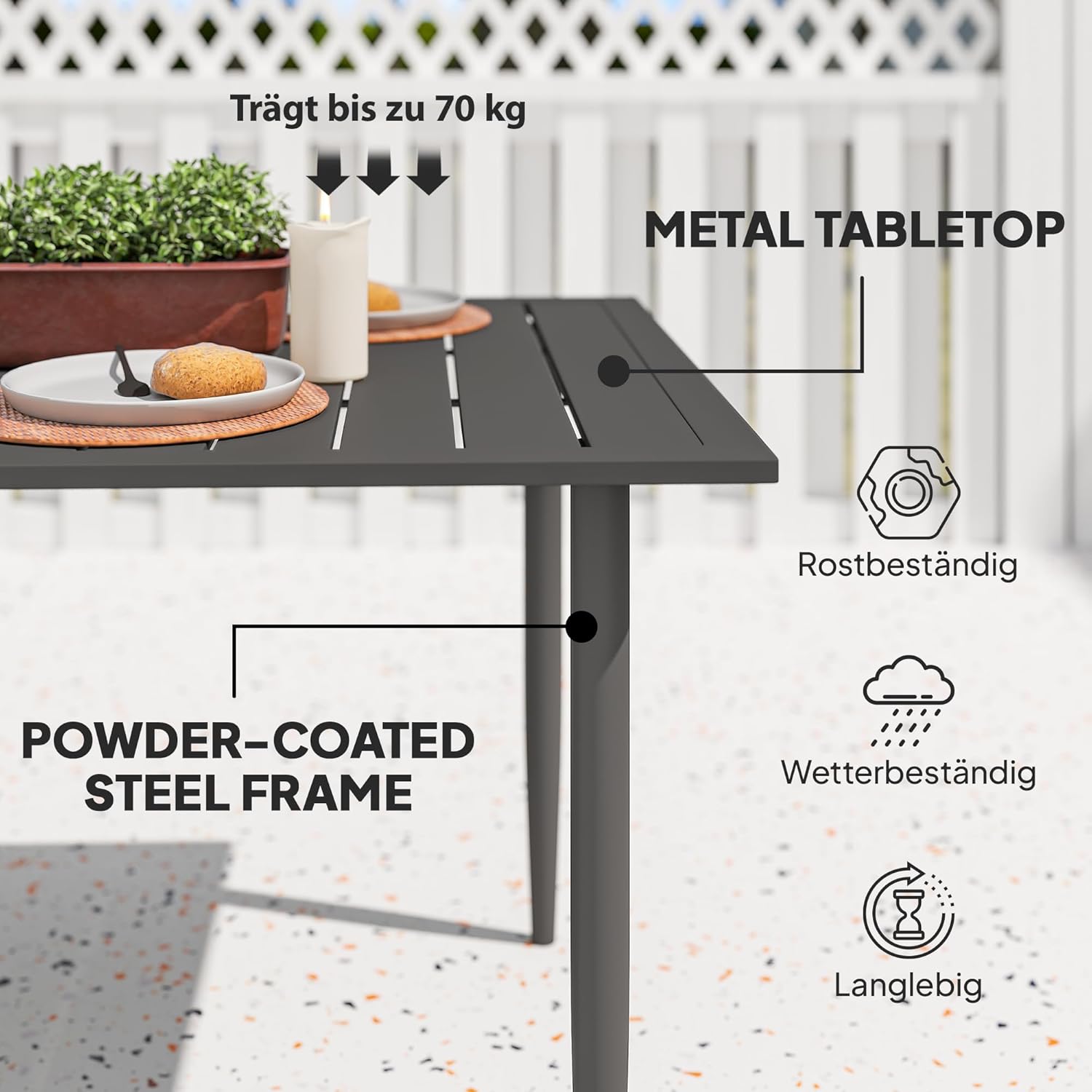Outsunny Gartentisch 150x90cm, Wetterfest Balkontisch aus Stahl, Balkontisch mit Schirmloch Lamellendesign Outdoor Campingtisch Beistelltisch, rechteckig Terrassentisch für Garten Balkon Schwarz