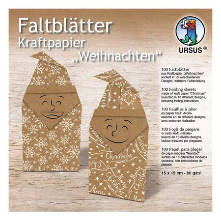 URSUS Faltblätter Weihnachten, 100 Blatt Kraftpapier 80 g/qm 15 x 15 cm