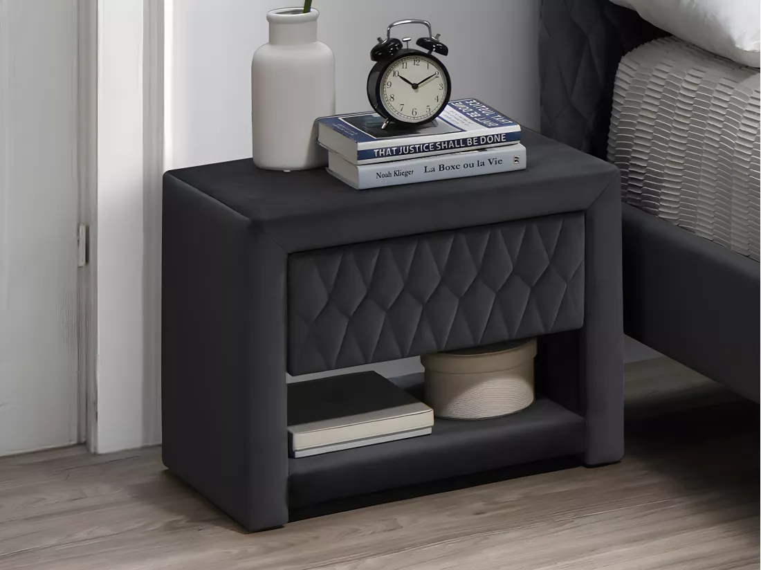 Ensemble lit 140 x 190 cm - Tissu velours - Gris + 2 tables de chevet - DANIELE